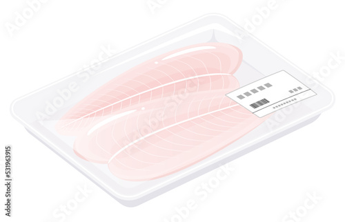トレーに入ったパンガシウス_白身魚のイラスト