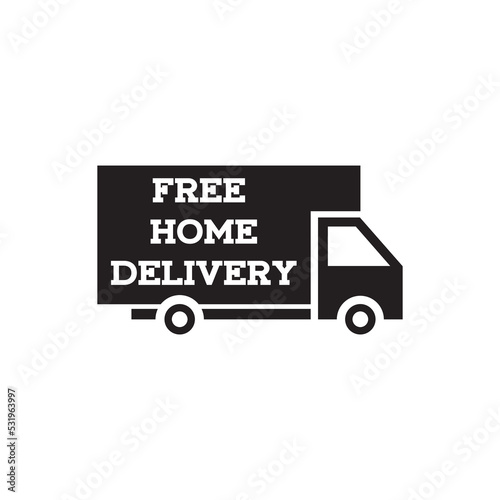 Free home delivery sticker. Vector icon of a flat red cargo truck, online store icon, promo sticker 
