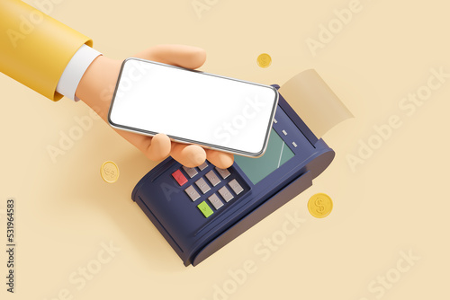 Bank terminal with a smartphone with a white screen to pay for purchases and services. Cashless payment concept. Mock up. 3d rendering