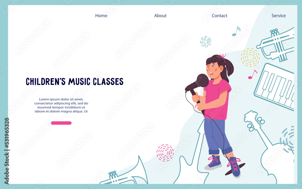 Children music and vocal education website banner or landing page mockup with child singing with microphone among musical instruments and notes symbols, flat vector illustration.