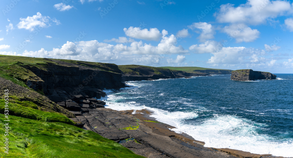 panorama view of the rugged coastline and Kilkee Cliffs in western Ireland