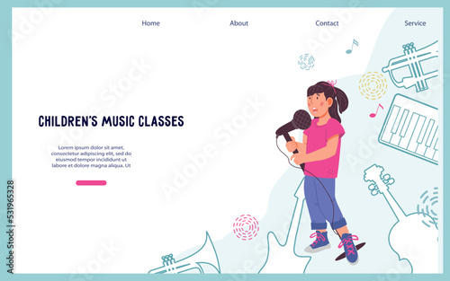 Children music and vocal education website banner or landing page mockup with child singing with microphone among musical instruments and notes symbols, flat vector illustration.