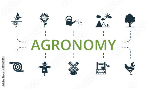 Agronomy set icon. Editable icons agronomy theme such as watering can, well, roots and more.