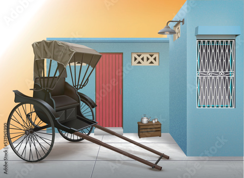 Rickshaw puller in front of a house