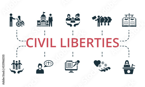 Civil Liberties set icon. Editable icons civil liberties theme such as mass media, religious, environmental protection and more.