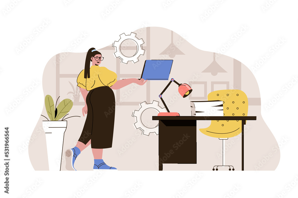 Office manager concept. Woman working on laptop, maintains working conditions situation. Corporate culture people scene. Illustration with flat character design for website and mobile site Office manager concept. Woman working on laptop, maintains working conditions situation. Corporate culture people scene. Illustration with flat character design for website and mobile site
