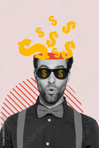 Valokuvatapetti Creative drawing collage picture of man dollar signs head sunglass excited rich