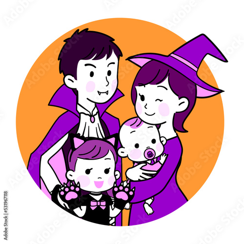 ハロウィン　仮装した家族　オレンジ