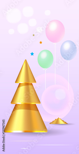 A podium, a fantastic golden landscape and geometric figures in yellow tones.
 An empty space for your design. 3d image.