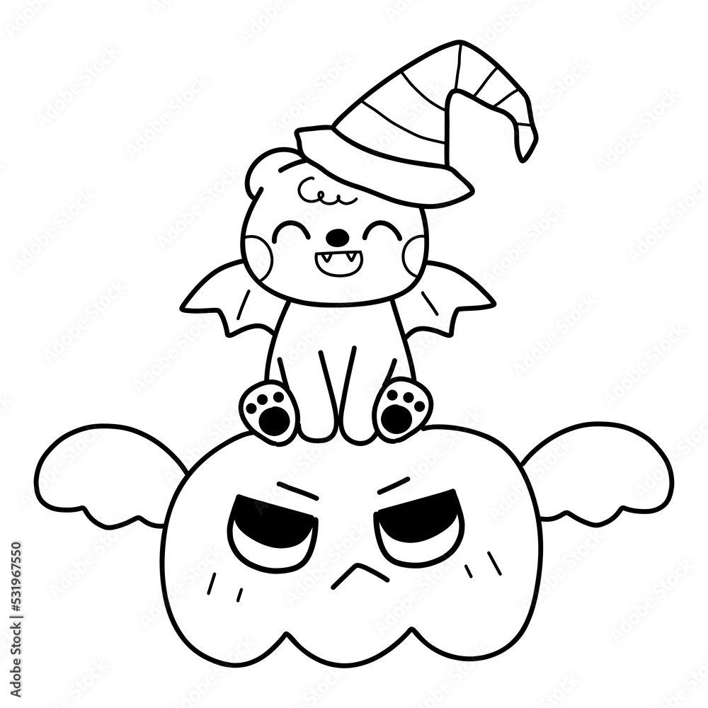 Fototapeta premium Halloween cartoon cute bear bat pumpkins outline illustration for coloring page 