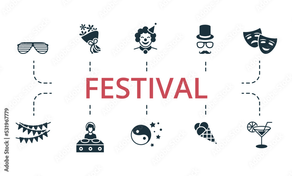 Festival set icon. Editable icons festival theme such as harmonic, bouquet, clown and more.