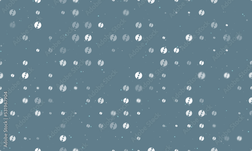 Seamless background pattern of evenly spaced white cd symbols of different sizes and opacity. Vector illustration on blue grey background with stars