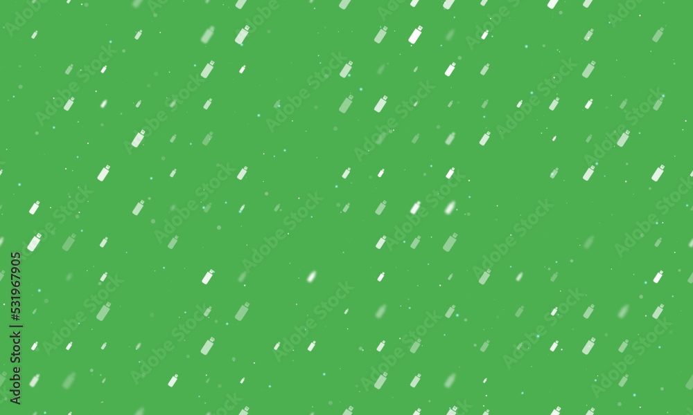 Seamless background pattern of evenly spaced white flash drives of different sizes and opacity. Vector illustration on green background with stars