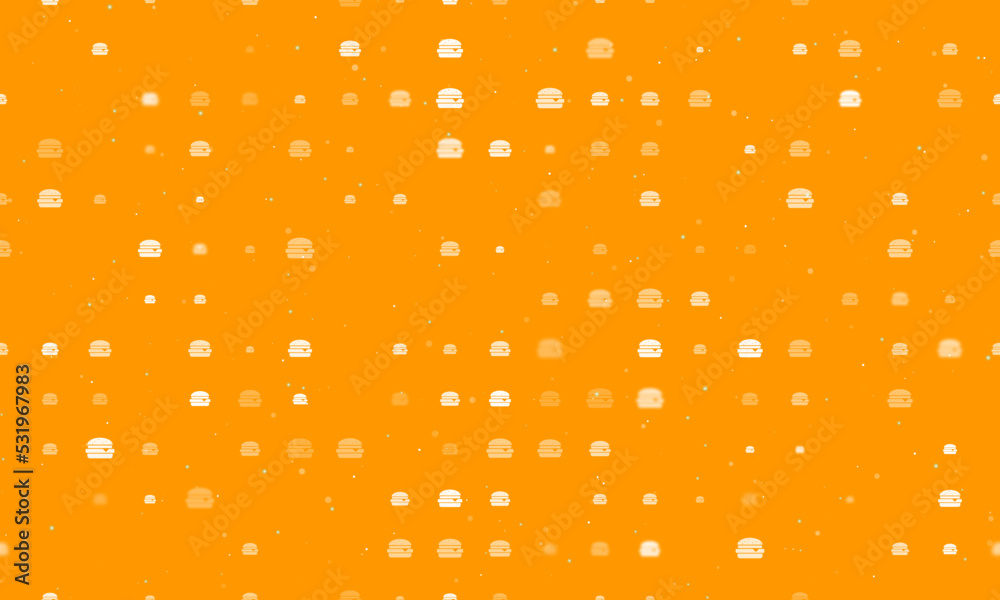 Seamless background pattern of evenly spaced white hamburger symbols of different sizes and opacity. Vector illustration on orange background with stars