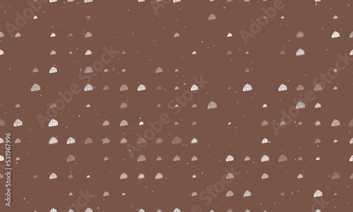 Seamless background pattern of evenly spaced white cheese symbols of different sizes and opacity. Vector illustration on brown background with stars