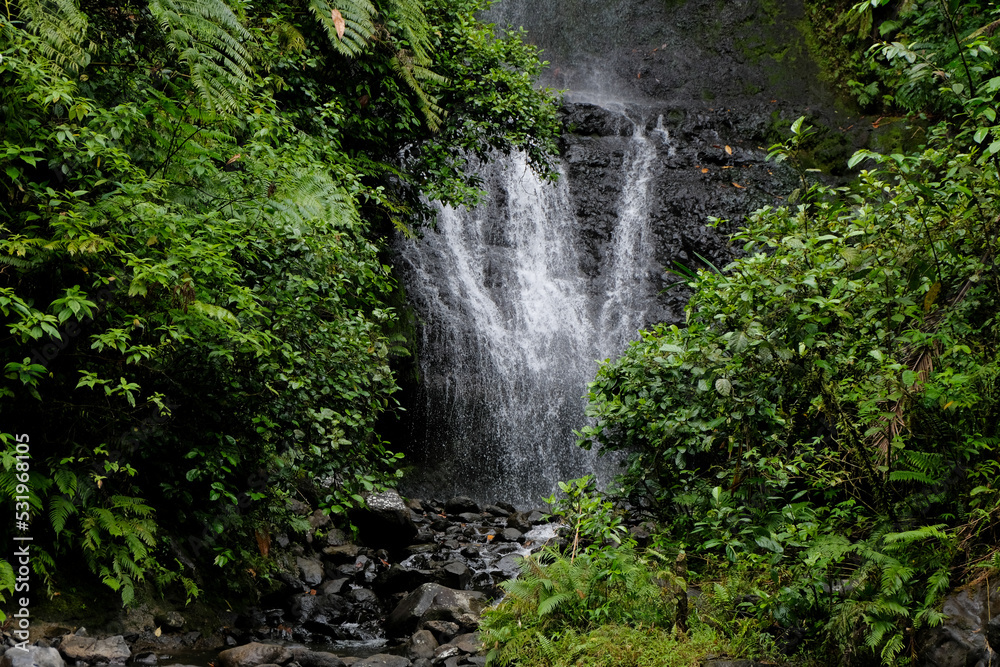 Stunning cascading waterfall falling over rocky cliff face deep in the jungle of Pohnpei, Federated States of Micronesia