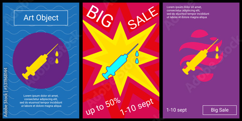 Trendy retro posters for organizing sales and other events. Large syringe symbol in the center of each poster. Vector illustration on black background