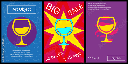 Trendy retro posters for organizing sales and other events. Large wineglass symbol in the center of each poster. Vector illustration on black background