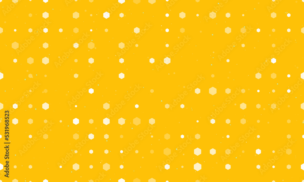 Seamless background pattern of evenly spaced white hexagon symbols of different sizes and opacity. Vector illustration on amber background with stars