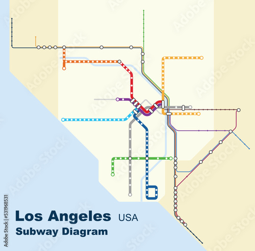 Layered editable vector illustration of the subway diagram of Los Angeles,USA.
