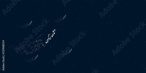 A sex toy symbol filled with dots flies through the stars leaving a trail behind. Four small symbols around. Empty space for text on the right. Vector illustration on dark blue background with stars