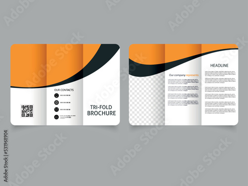 Trifold brochure in orange black colors. Brochure with rounded corners. Vector design