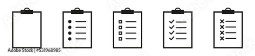 Checklist clipboard vector icons.  Clipboard with checkmark cross and text.  Line symbol.  Set simple design.  eps10