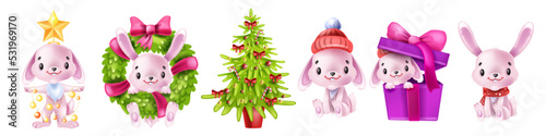 New Year 2023 rabbit set, winter symbol, holiday wreath, ribbon, vector cute cartoon Chinese bunny. Little children hare, adorable asian character kit, red hat, box. Cartoon pink rabbit mascot clipart