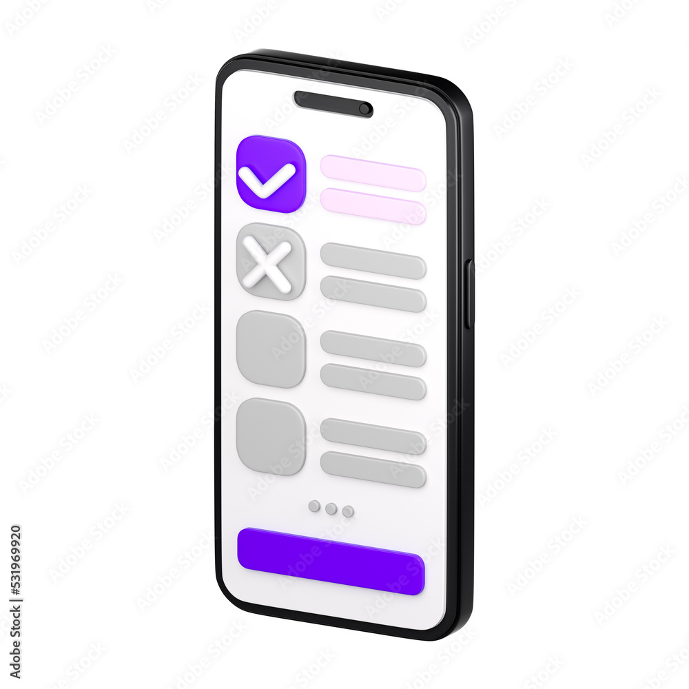 3d smartphone with checklist on the screen. Todo or tasks list, vote form, online survey, feedback or examination concept. High quality isolated render 3d smartphone with checklist on the screen. Todo or tasks list, vote form, online survey, feedback or examination concept. High quality isolated render