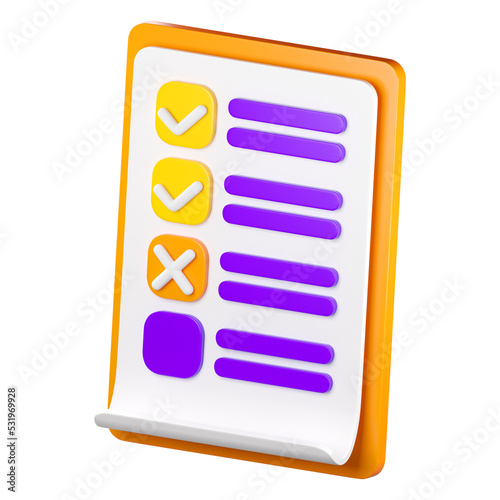 3d cheklist clipboard icon. Todo or tasks list, vote form, online survey, feedback or examination concept. High quality isolated render photo