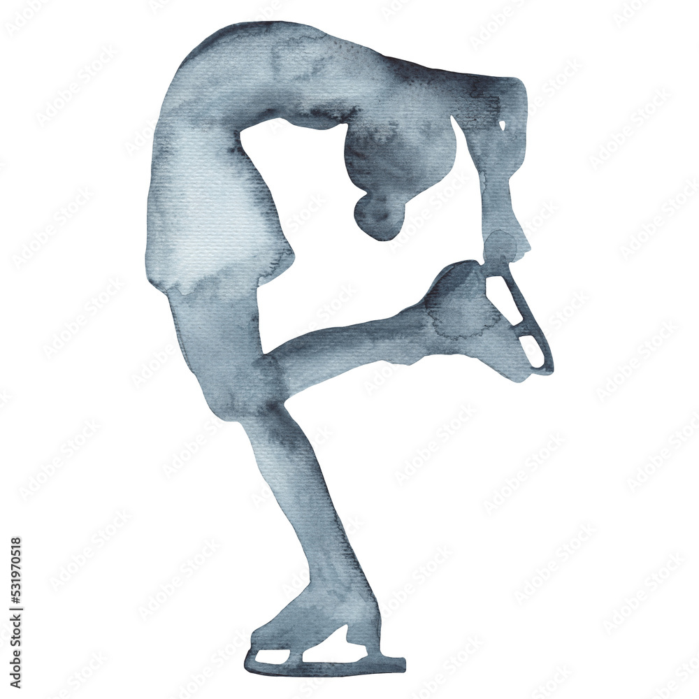 Girl figure skater gliding on ice.Silhouette.Winter sport.Watercolor illustration on a white background. Girl figure skater gliding on ice.Silhouette.Winter sport.Watercolor illustration on a white background.