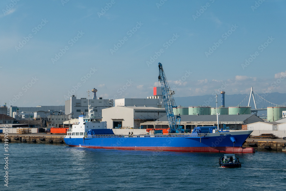 Bunkering process of a tanker at Osaka port, Osaka, Japan.