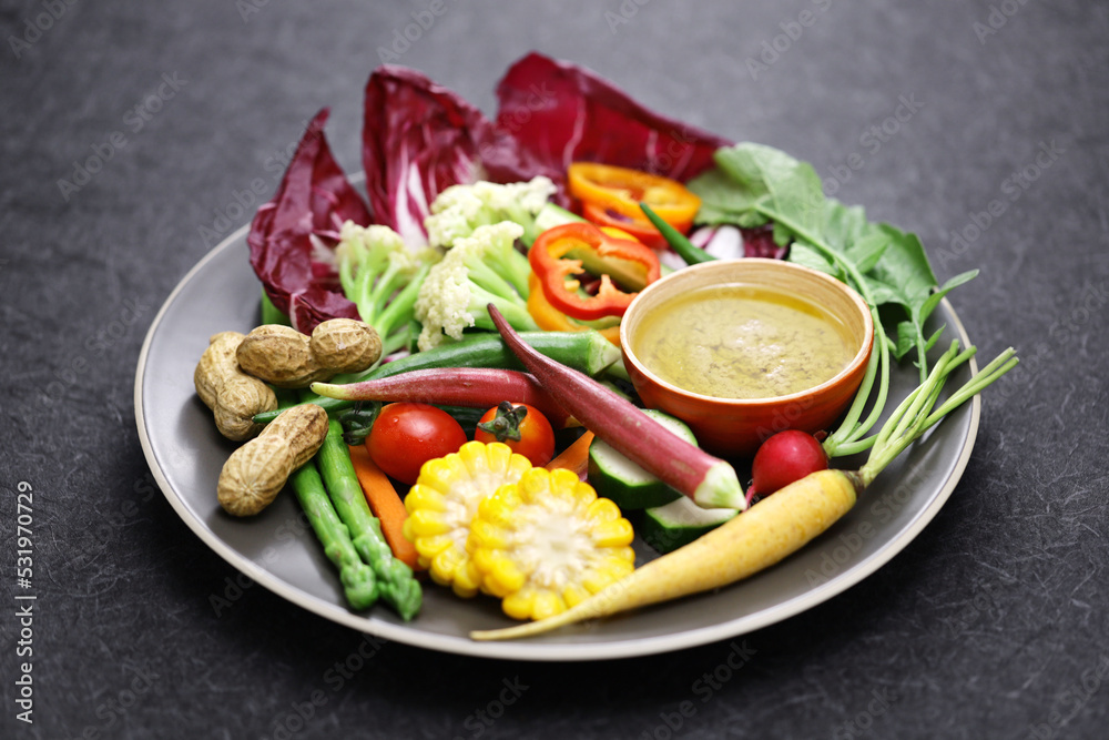 vegetable salad and bagna cauda (a garlic and anchovy sauce for dipping vegetables)