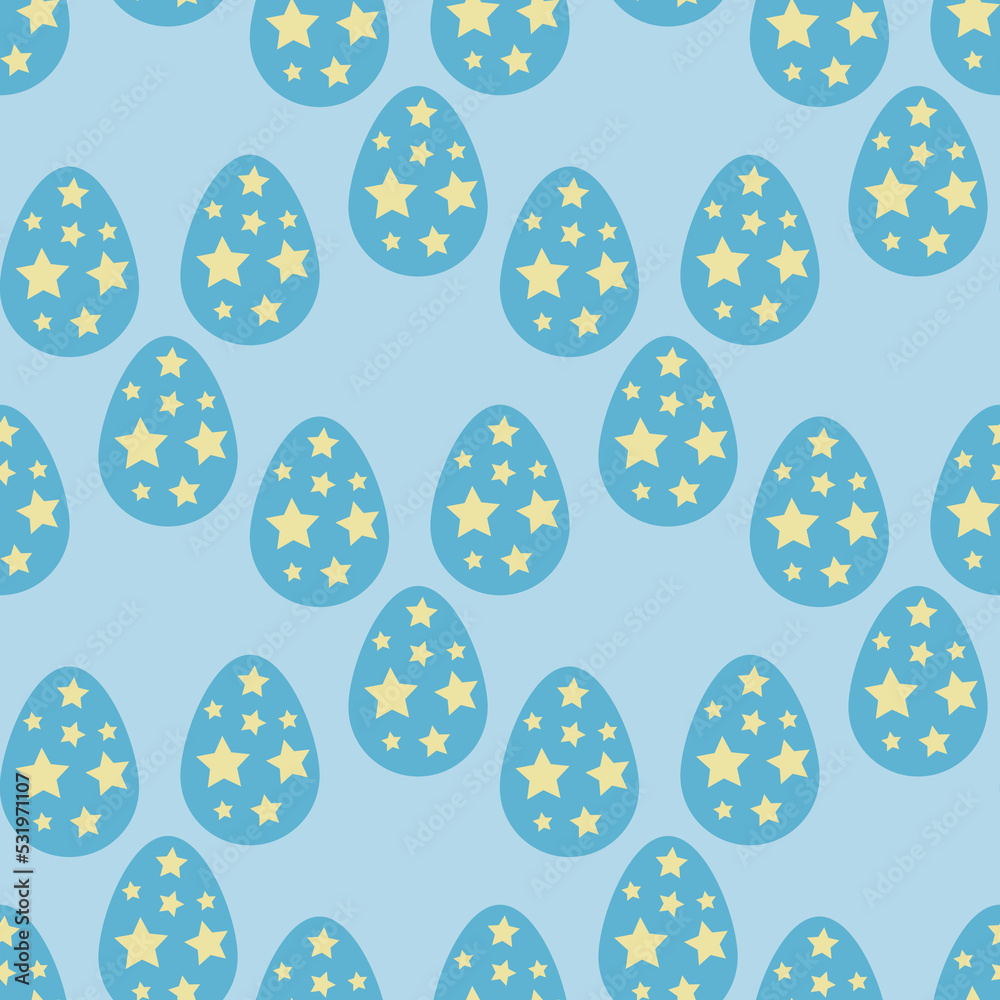 Seamless pattern with blue Easter eggs on light blue background. Vector image.