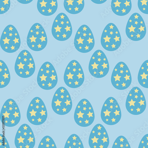 Seamless pattern with blue Easter eggs on light blue background. Vector image.