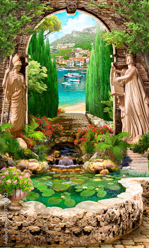 Fototapeta Naklejka Na Ścianę i Meble -  Digital illustration with an arch with statues and access to the sea. Wallpaper on the wall. The fresco.