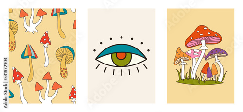 Set of colorful groovy posters in 70s and 60s hippy art style. Psychedelic mushrooms and eye for prints and cards. Vintage nostalgia vector elements