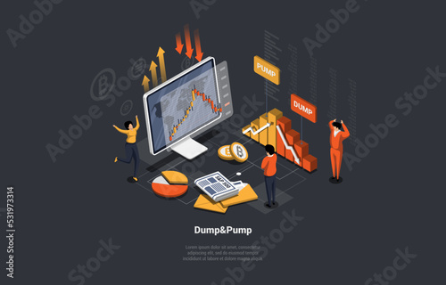 Forex, Stock Market And Cryptocurrency Dump And Pump Concept. Characters Traders Trade Futures On Stock Market Exchange Services With Convenient Application. Isometric Cartoon 3d Vector Illustration