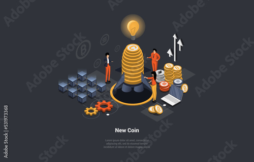 Blockchain ICO. Pre-sale Ventures. IEO, IDO Metaphor. Investment Funds. Initial Coin Offering. Investing at Initial Privat Stage. Crypto Investor Fund in Presale. Isometric 3d Vector Illustration photo