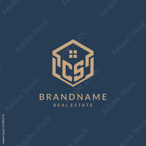 Initial letter CS hexagonal house roof shape icon logo design