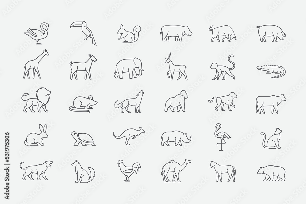 Wildlife icons set in linear style. Animals icon pack. wild, pet, zoo vector icon set. Vector illustration