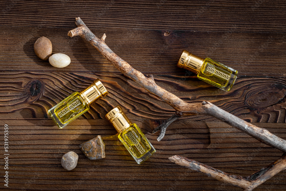 Traditional Arabian incense - agarwood tree oil perfume, top view