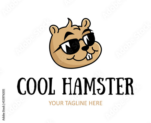 Funny cool hamster logo. Creative sign of funny rodent wearing sunglasses. Can be used for pet shops or etc.