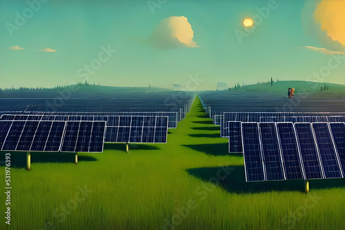 Solar panels painted on a field with the sun and clouds in the background in an abstract style - illustration
