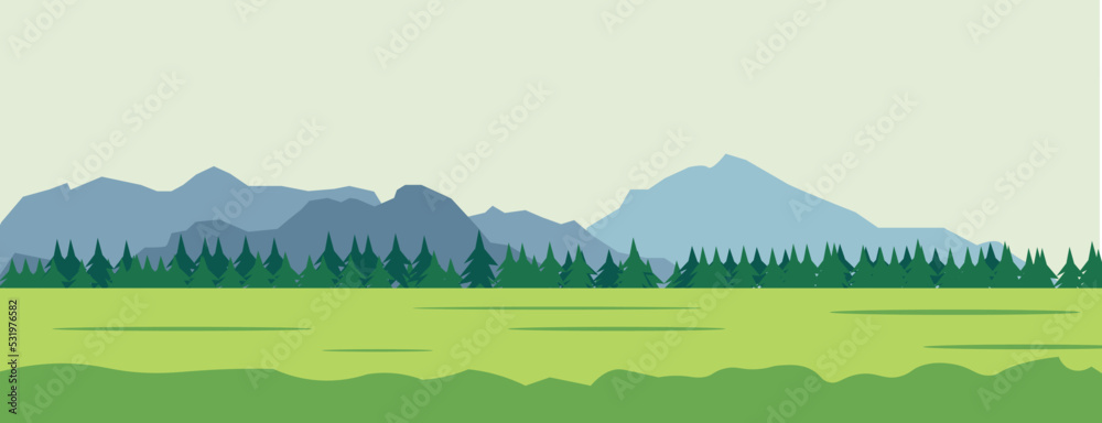 Green field with mountains in the background. vector illustration background