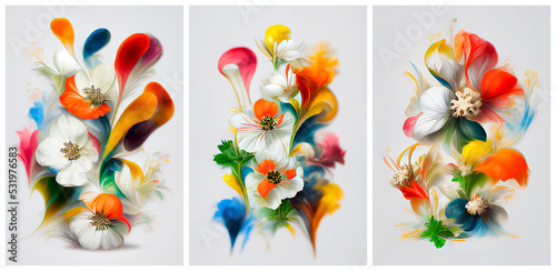 Bright spring flowers. A series of three paintings, multicolored watercolor in bright colors. Surreal bouquets of flowers.