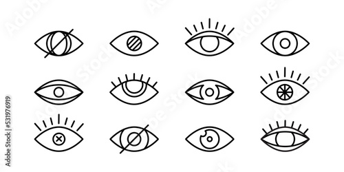 Eye vector icon, vision line symbol, eyeball outline pictogram, simple view set, look sign, see, black pictogram different shape isolated on white background. Editable stroke. Simple illustration