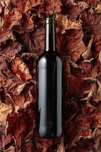 Bottle of red wine on dried-up vine leaves. photo