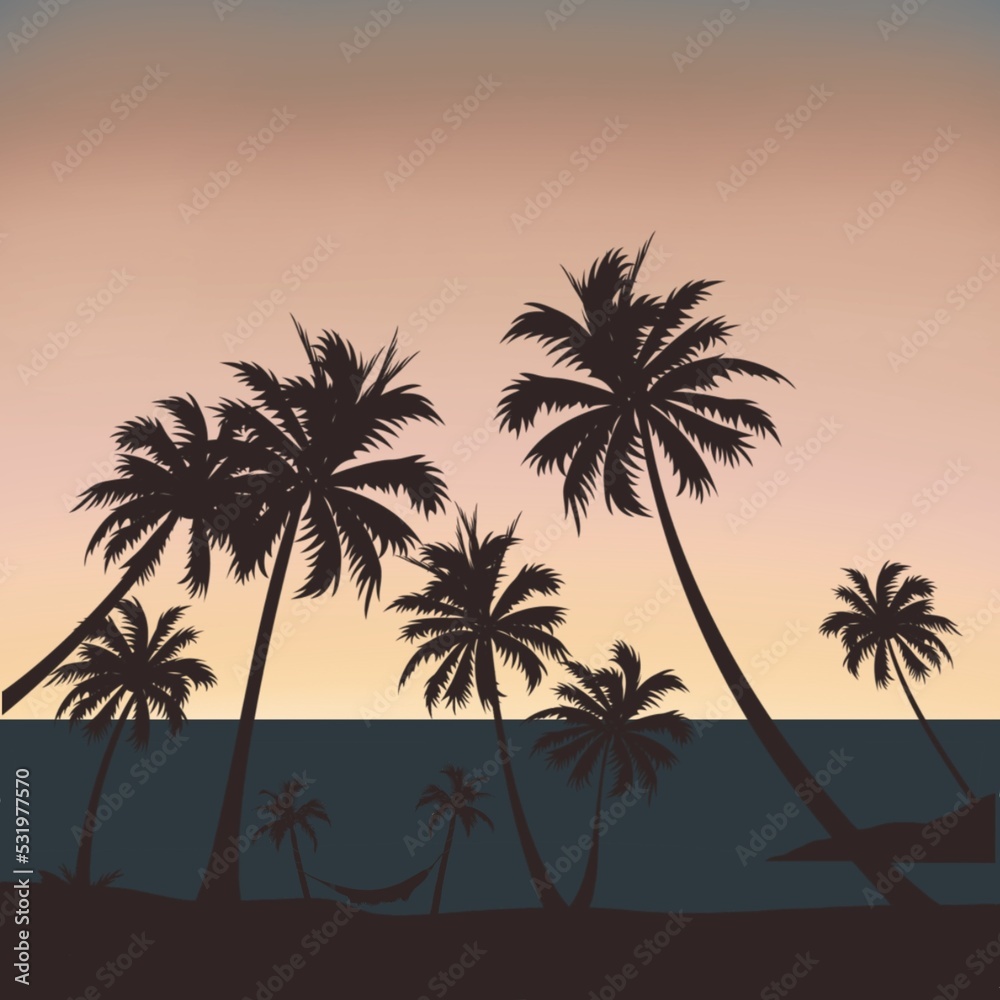 Sunset on the beach. Flat illustration.