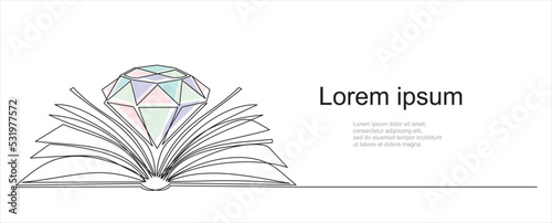 continuous one line drawing of diamond, brilliant and open book. Diamond Book. Can used for logo, emblem, slide show and banner.Illustration with quote template. 
